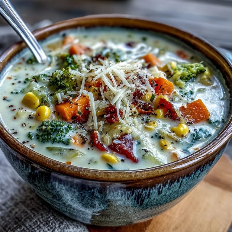 Close-up of Creamy Garlic Parmesan Veggie Soup showing cheesy, creamy texture.
