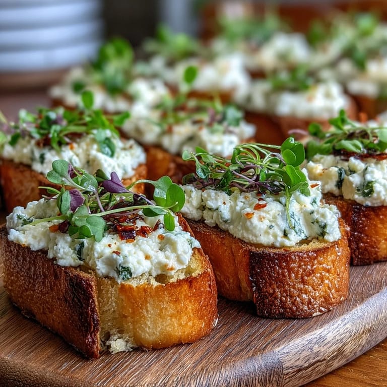 Freshly baked hot honey goat cheese crostini on a rustic platter with a generous spicy honey glaze and microgreens garnish.  