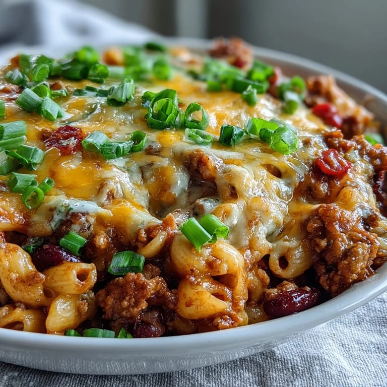 Golden Bubbly Baked Ranch Turkey Chili Mac served in a rustic casserole dish for dinner.