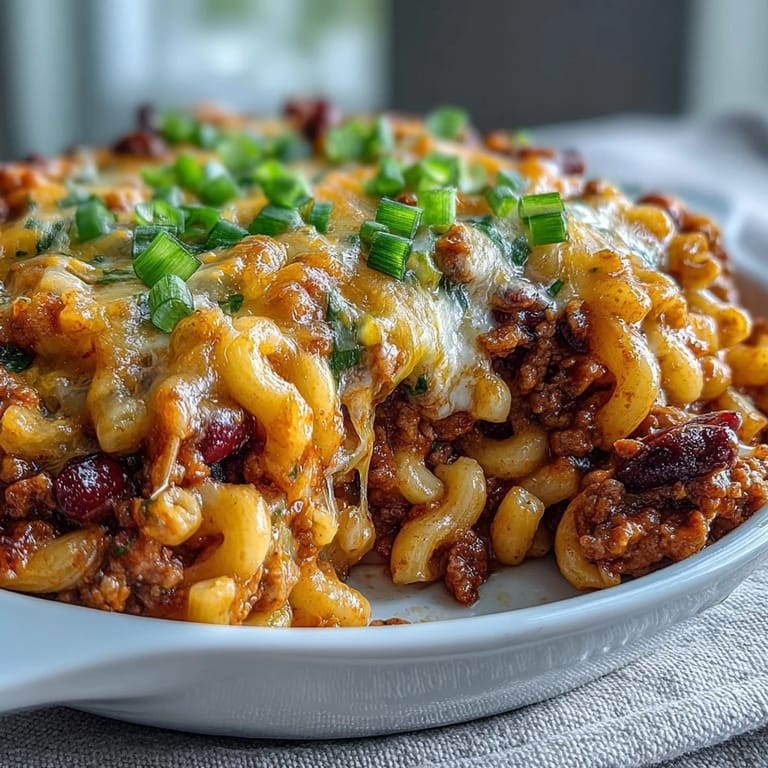 Hearty Baked Ranch Turkey Chili Mac garnished with green onions and a dollop of sour cream.