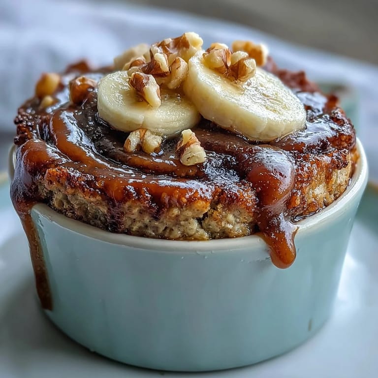 Golden-brown Cinnamon Swirl Protein Banana Baked Oats served hot, topped with chopped walnuts and a drizzle of maple syrup on a rustic table.