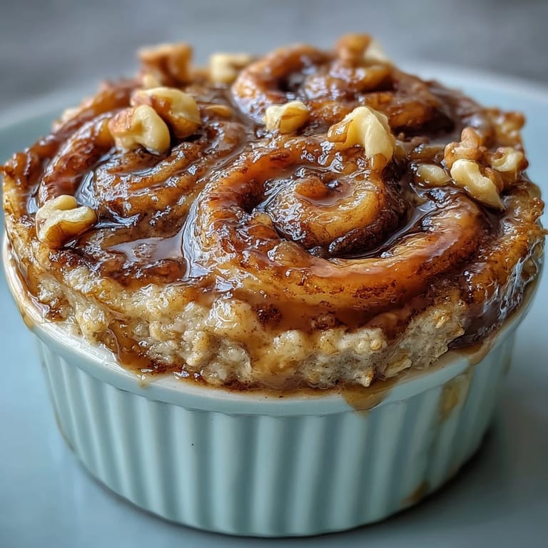 Warm, fluffy Cinnamon Swirl Protein Banana Baked Oats in a ceramic ramekin, showcasing a rich cinnamon ribbon inside the golden oats.
