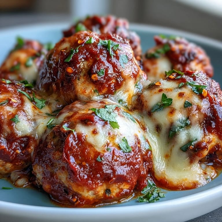 Spicy chicken parmesan meatballs served over spaghetti with fresh parsley and extra cheese.