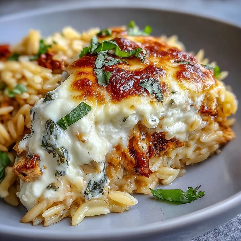 A close-up of One-Pan Creamy Chicken Lasagna Orzo served with fresh basil and garlic bread. 