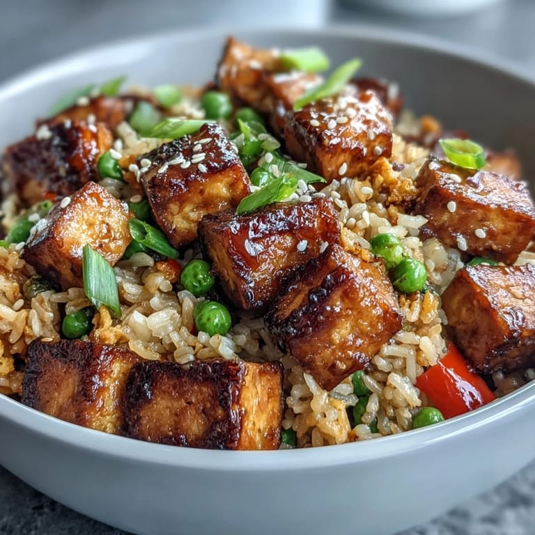 A close-up of Crispy Sesame Tofu Fried Rice shows crunchy tofu and fresh green onions, served steaming hot.