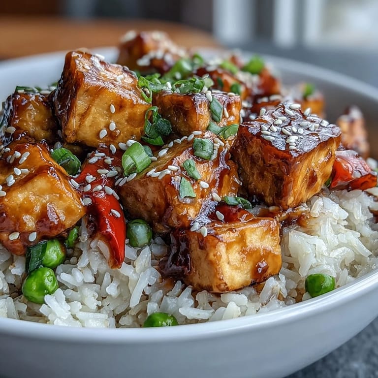 Quick dinner idea: vibrant Crispy Sesame Tofu Fried Rice with peas, carrots, and sesame seeds, perfect for busy weeknights.