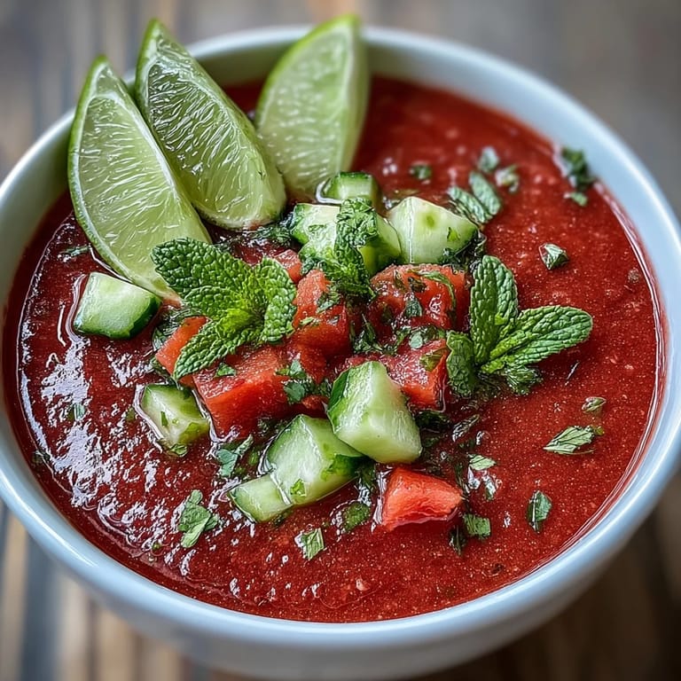 Vibrant Vegan Watermelon Mint Gazpacho with Cucumber and Lime garnished with fresh mint and cucumber. 