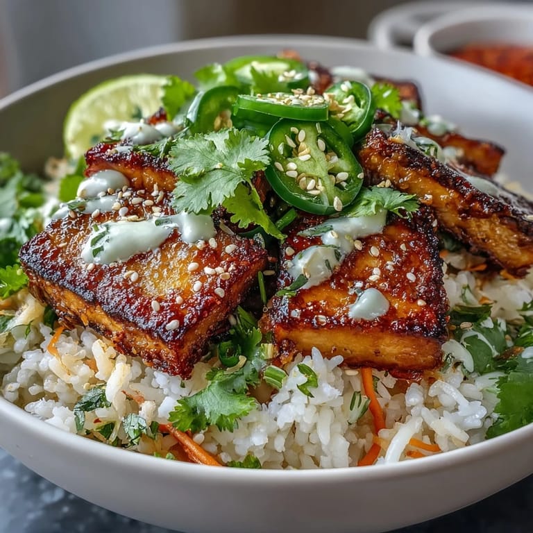 Vegan Crispy Tofu Banh Mi Bowls featuring golden tofu, colorful pickled veggies, cilantro, jalapeños, and sesame seeds with lime wedges on the side.