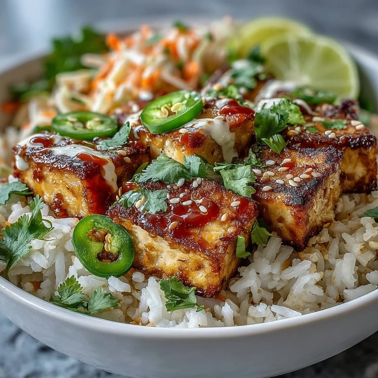 A close-up of a spoon lifting crispy tofu from a Vegan Crispy Tofu Banh Mi Bowl, surrounded by vibrant pickled vegetables and fresh herbs.
