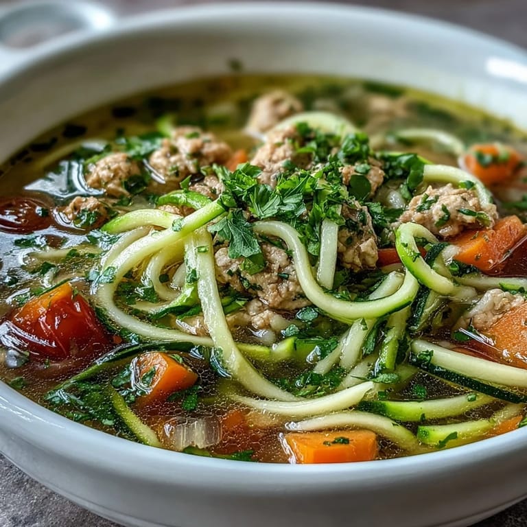 Healthy Turkey and Veggie Zucchini Noodle Soup served hot, highlighting colorful vegetables and spiralized zucchini noodles in a clear broth.