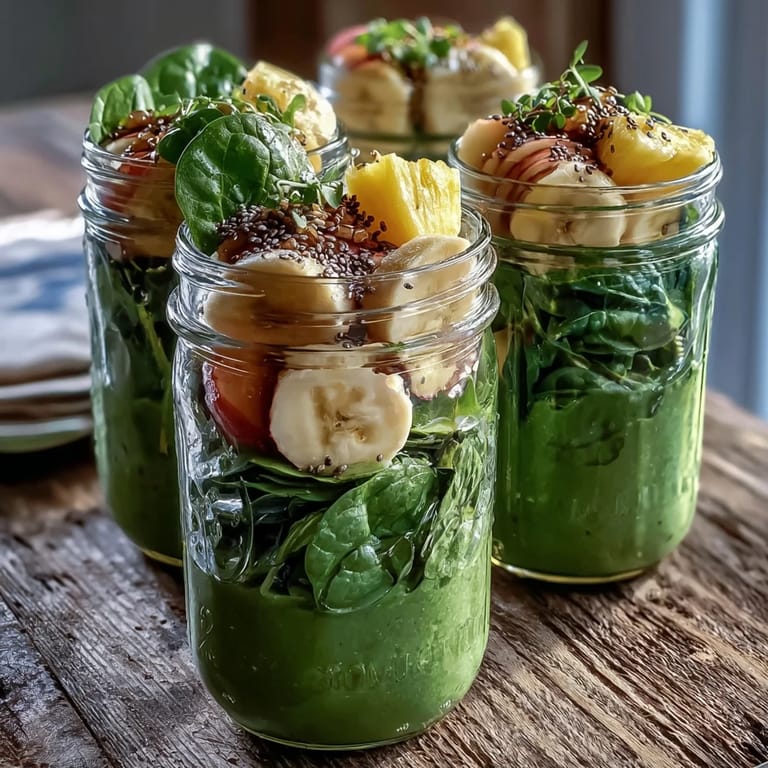 Tropical Green Smoothie Meal Prep Jars feature vibrant green spinach, yellow pineapple, and creamy bananas stacked in glass containers.