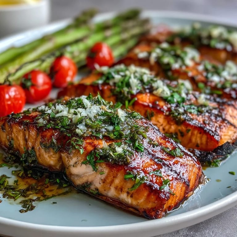 A close-up of juicy Grilled Lemon Herb Salmon with fresh lemon wedges, grilled asparagus spears, and colorful cherry tomatoes on a wooden board.