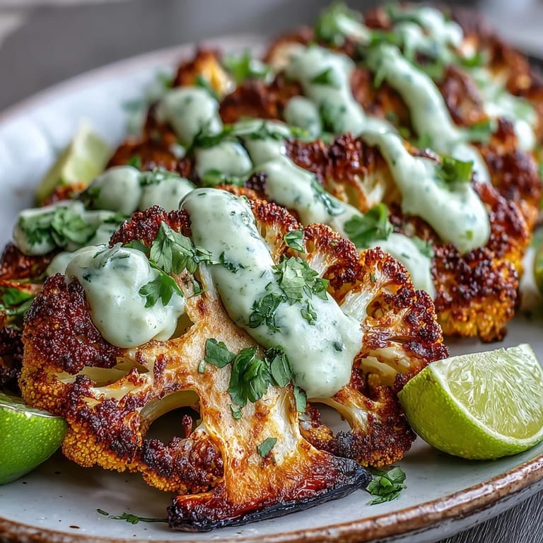 Vibrant Keto Chili Lime Cauliflower Steaks served with smooth avocado crema, lime wedges, and spicy jalapeño garnish.