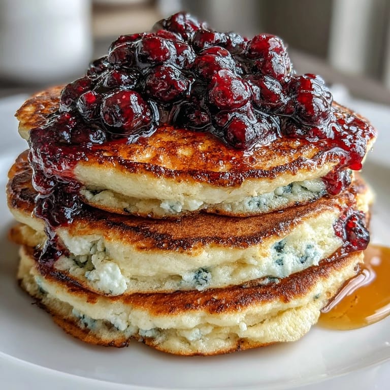Fluffy High-Protein Greek Yogurt Pancakes with Blueberry Compote garnished with chopped nuts, ready for a delicious and healthy brunch.