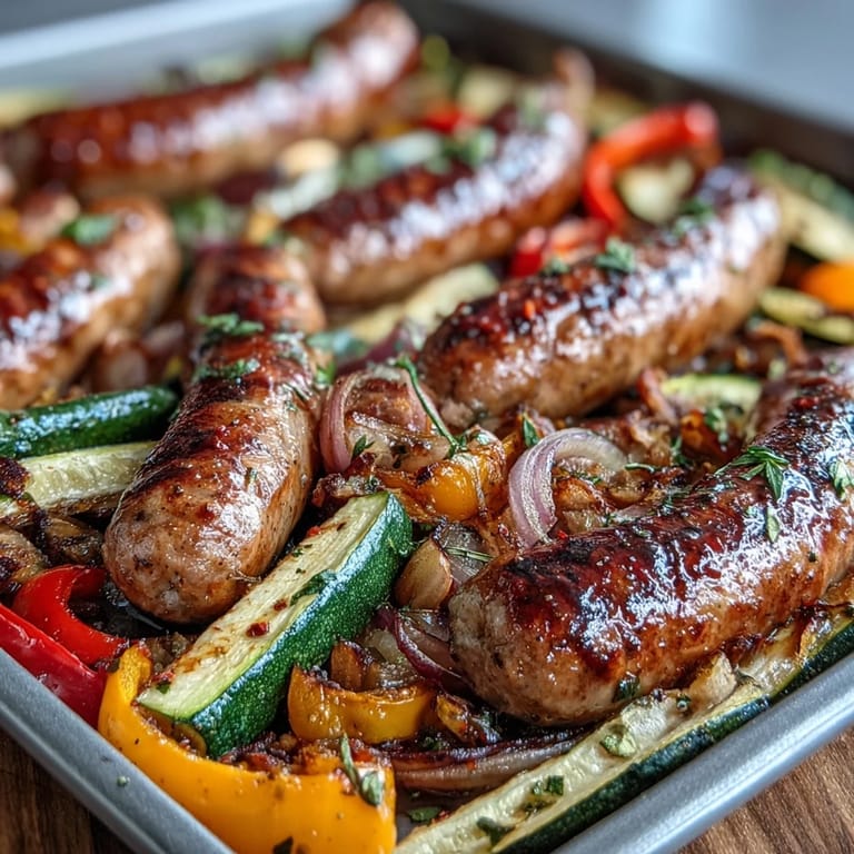 Juicy Italian sausages rest on a bed of tender, charred vegetables in this easy Sheet Pan Italian Sausage with Peppers and Zucchini meal.