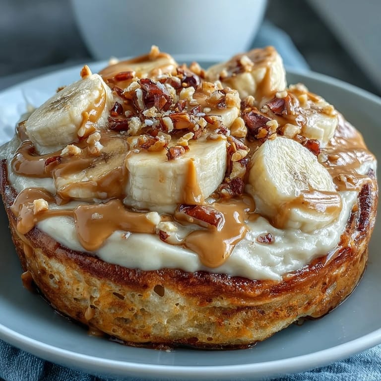 A close-up of a delicious High-Protein Breakfast Pizza Bowl topped with fresh banana slices and a drizzle of sweet honey.