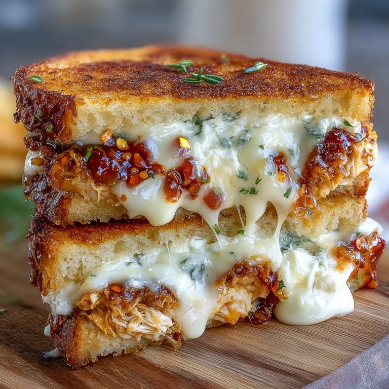 The golden, crispy halves of a Goat Cheese & Hot Honey Chicken Grilled Cheese reveal shredded chicken and creamy goat cheese filling.