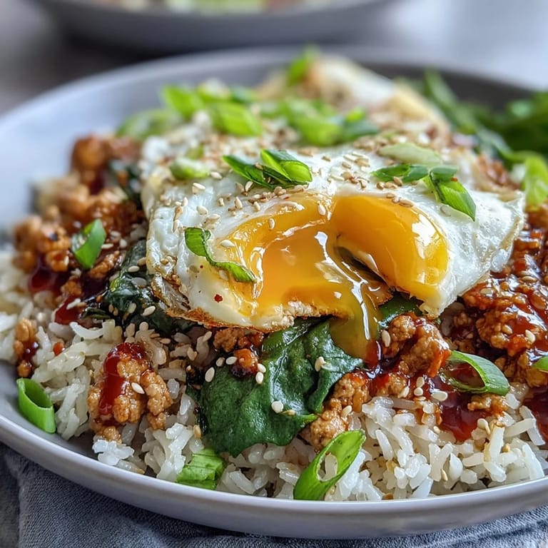 Close-up of Creamy Korean Turkey Rice Skillet reveals tender turkey, crisp vegetables, and a drizzle of sesame oil for garnish.