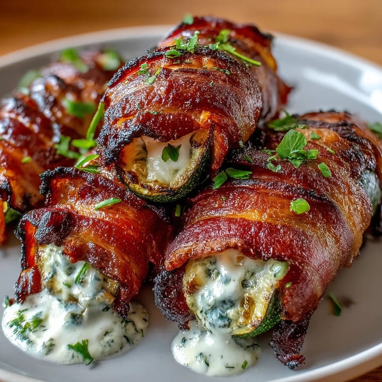 Tender zucchini halves stuffed with creamy herb cheese, wrapped in sizzling bacon for a satisfying low-carb main dish.  