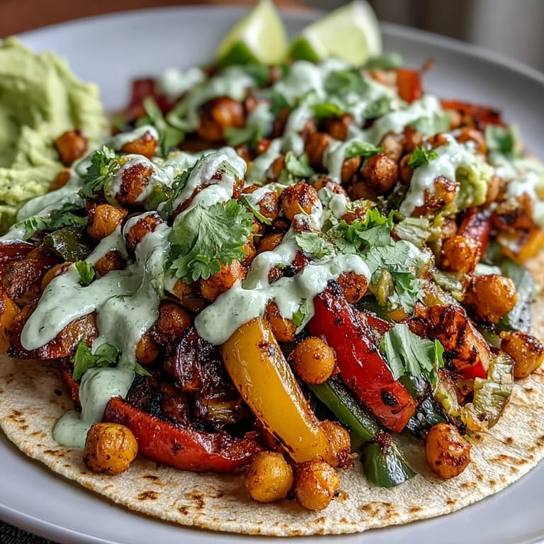 Easy vegetarian fajitas loaded with rainbow veggies and chickpeas, topped with a smooth guacamole yogurt sauce, perfect for quick weeknight dinners.