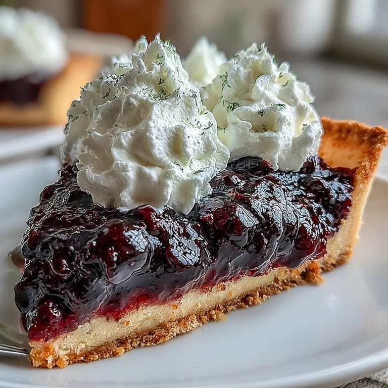 A French-inspired dessert showcasing a crisp pastry base topped with vibrant black currant curd and a cloud of airy whipped cream.