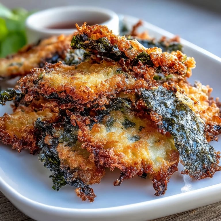 Golden fried nori sheets in airy tempura batter, paired with tangy soy dipping sauce for an irresistible appetizer or party bite.