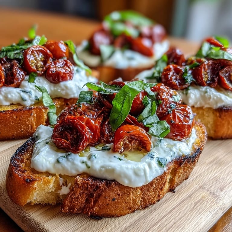 Golden toasted baguette slices topped with creamy burrata cheese and roasted cherry tomatoes, finished with fragrant basil leaves.