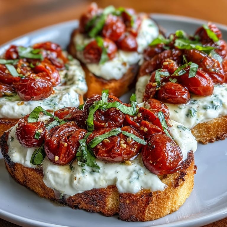 Crispy crostini appetizers piled high with luscious burrata and juicy roasted cherry tomatoes, perfect for sharing.