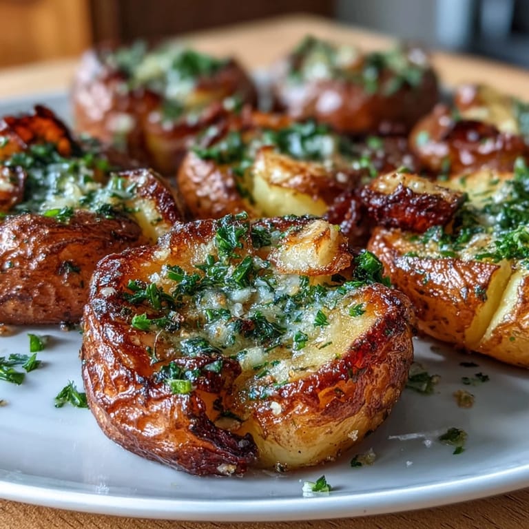 Tender baby potatoes smashed and baked with melted butter, garlic, and herbs for a crunchy, flavorful side dish.  