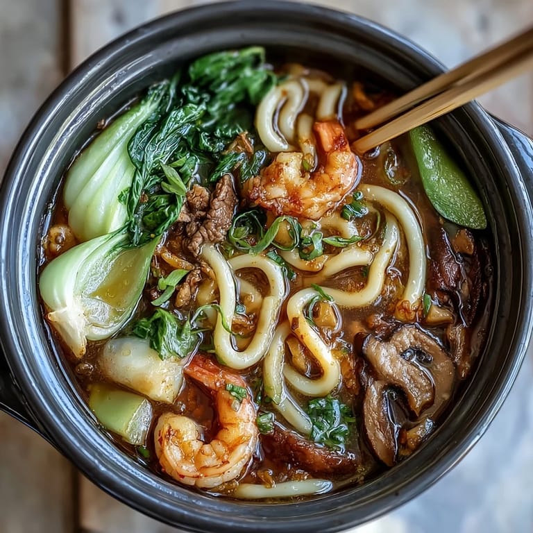 Colorful mini hot pot bowls filled with noodles, tofu, shrimp, and vibrant vegetables, ready for guests to cook and customize.