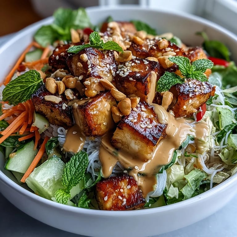 Fresh and vibrant Asian spring roll bowl featuring julienned carrots, cucumber, red cabbage, and tofu, all drizzled with rich peanut sauce.  