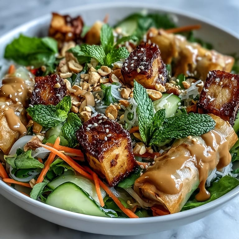 Deconstructed Asian spring roll bowl with rice vermicelli, crunchy vegetables, tofu, and a silky peanut sauce, garnished with lime and sesame seeds.