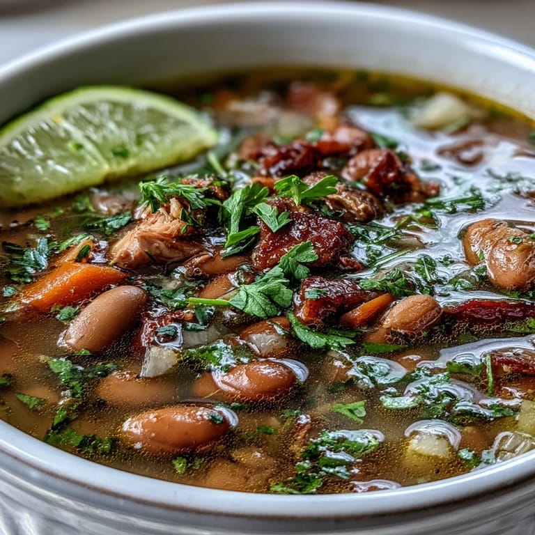 Rich and savory ham and pinto bean soup served with diced avocado and shredded cheese, perfect for a cozy Tex-Mex meal.
