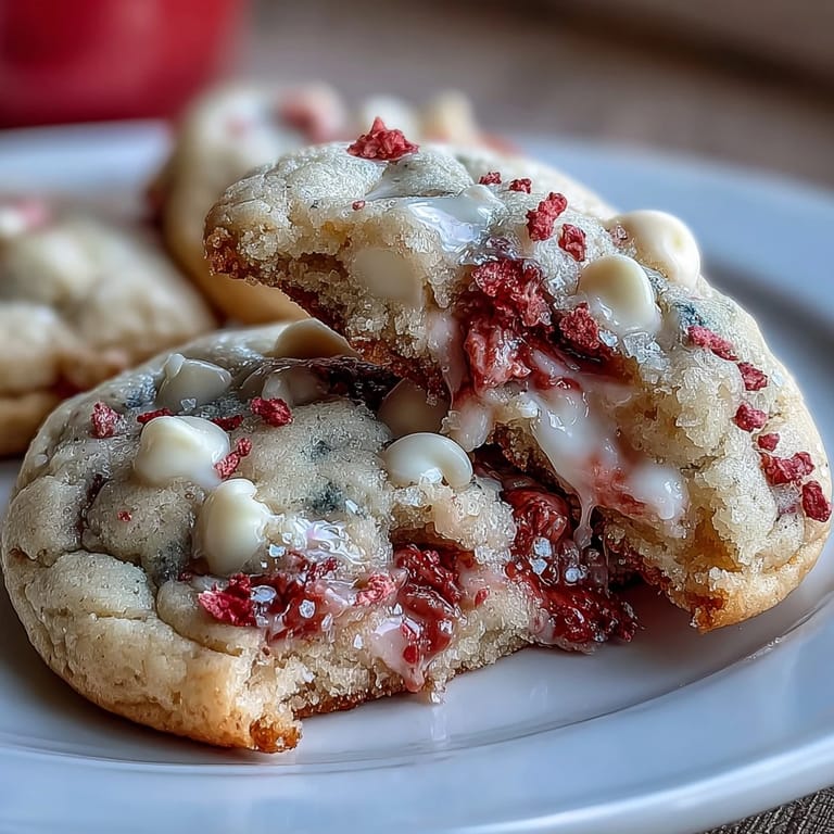 Romantic strawberry and white chocolate cookies with a soft, chewy texture and vibrant pink color, ideal for sharing with loved ones.