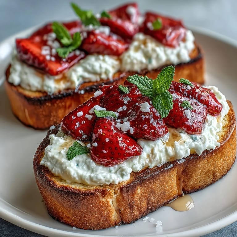 Creamy ricotta spread on golden sourdough, topped with juicy strawberries and a hint of lemon zest.  
