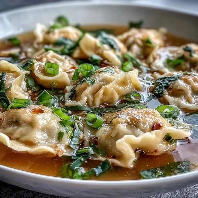 Homemade dumplings in a flavorful chicken broth, topped with fresh scallions and served hot for a nourishing, Asian-inspired meal.
