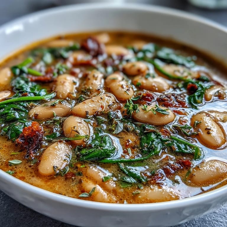 Creamy cannellini bean soup with diced carrots, celery, and spinach, served alongside crunchy garlic bread for a comforting Italian meal.