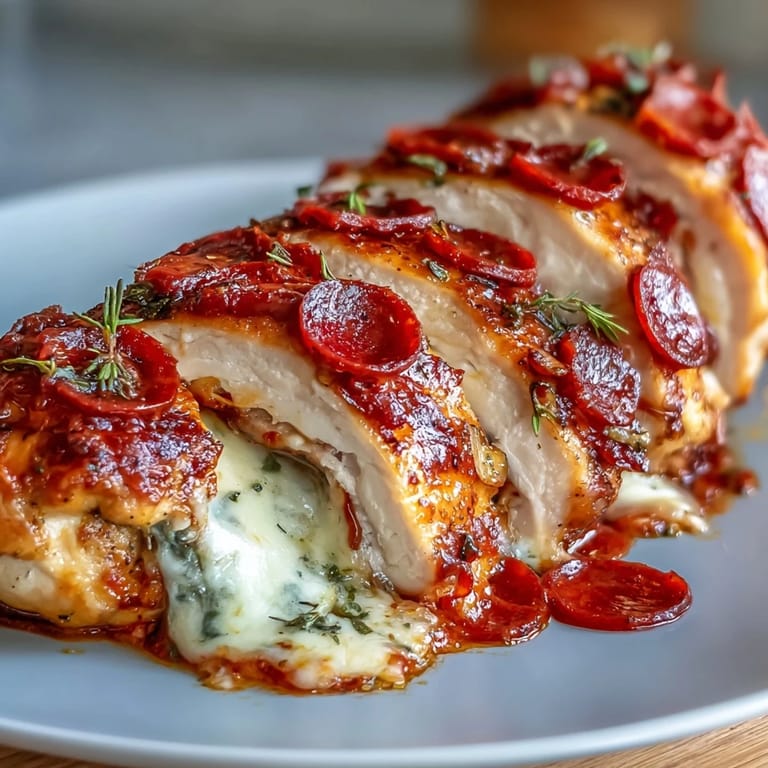 Juicy chicken breasts filled with classic pizza flavors—melted cheese, marinara, and pepperoni—cooked until golden and bubbling in a skillet.