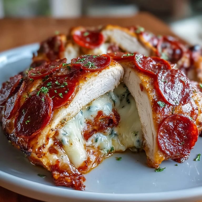 Easy keto chicken recipe stuffed with mozzarella, marinara, and pepperoni, seared and baked for a quick, gluten-free main dish.