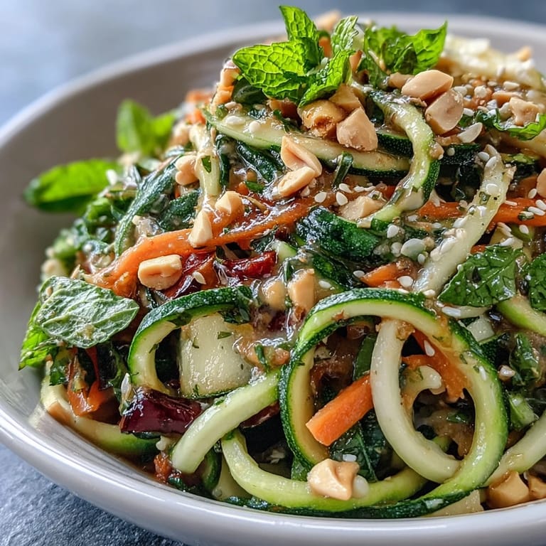 Creamy Thai peanut dressing coats crunchy zucchini noodles and fresh vegetable ribbons in this vibrant, vegan salad—perfect for summer lunches or healthy gatherings.