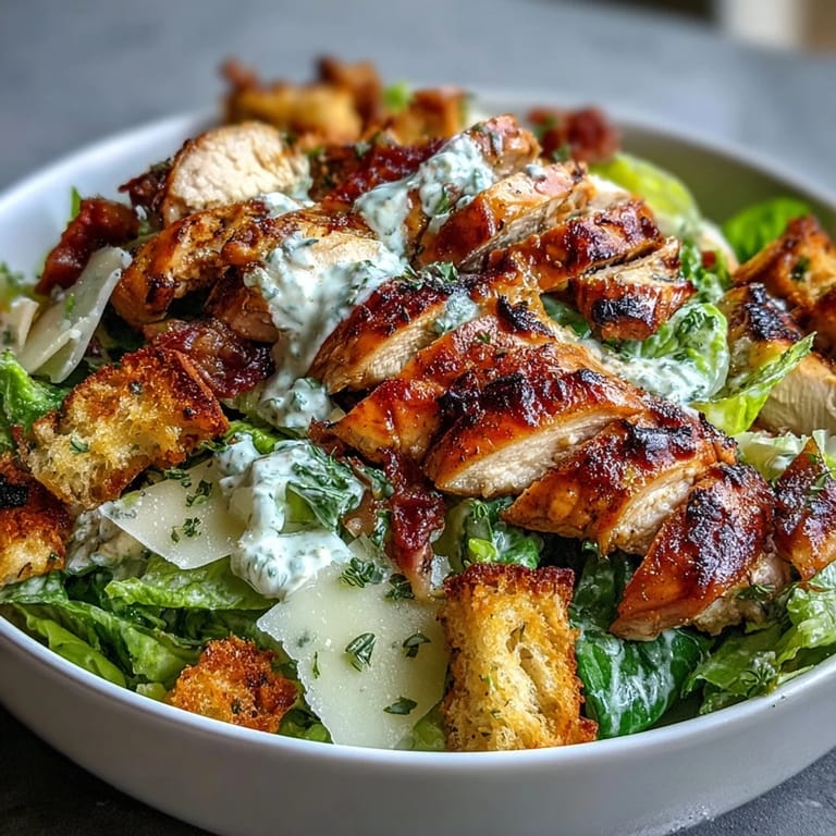 A vibrant bowl of grilled chicken Caesar salad featuring crisp romaine, golden sourdough croutons, and tangy Greek yogurt Caesar dressing.