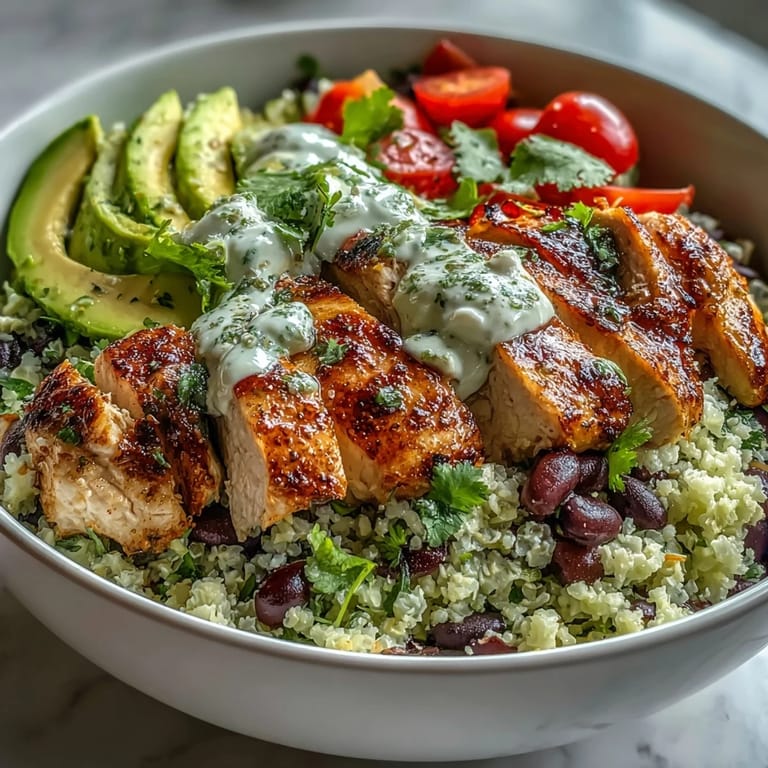 This low-calorie burrito bowl features zesty cilantro-lime cauliflower rice, seasoned chicken, and colorful toppings, perfect for weight loss and meal prep.  