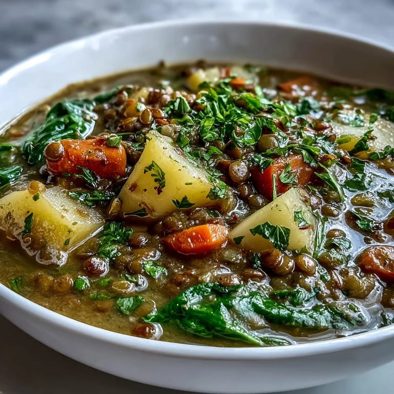 Aromatic green lentil stew with diced vegetables, fragrant herbs, and a squeeze of lemon, perfect for a comforting weeknight dinner.
