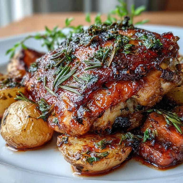 Juicy herb roasted chicken thighs paired with roasted baby potatoes and carrots for a wholesome, comforting meal.