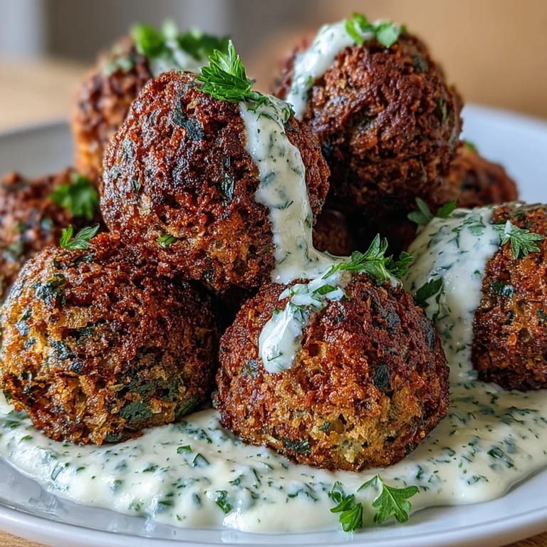 Crispy air fryer falafel drizzled with fresh green tahini sauce, perfect for healthy snacking.