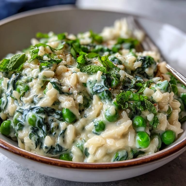 Velvety risotto bursting with bright spring peas, aromatic mint, and rich Parmesan cheese—elegant and satisfying.
