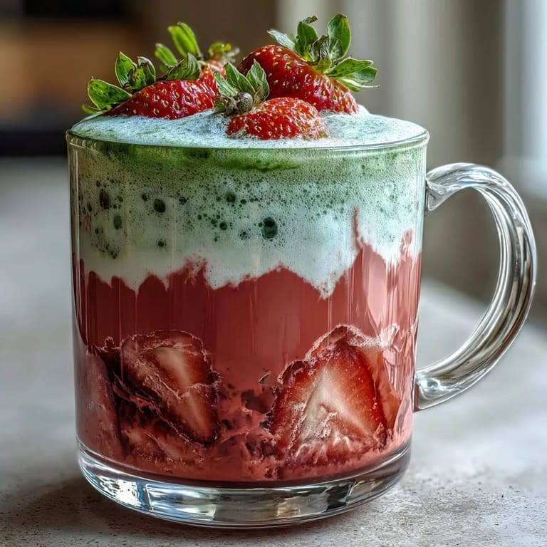Cozy evening drink featuring sweet strawberry purée layered beneath earthy matcha green tea latte.