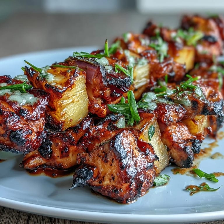 Tender BBQ chicken, caramelized pineapple, and crisp red onion threaded on skewers, perfect for outdoor grilling and backyard parties.
