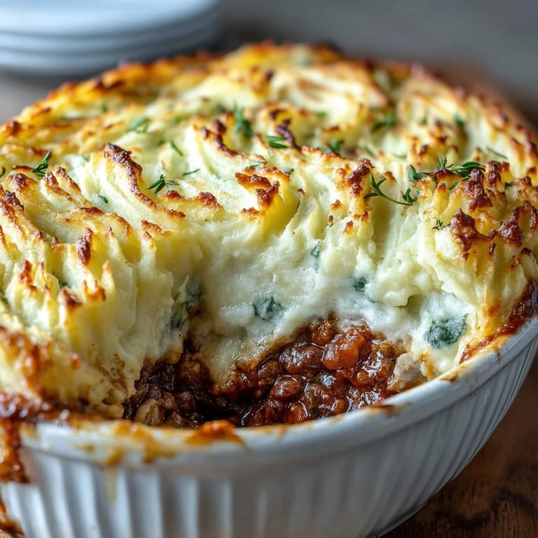 A hearty vegetarian Shepherds Pie with lentils, mushrooms, and vegetables beneath a layer of creamy mashed potatoes, baked to perfection.