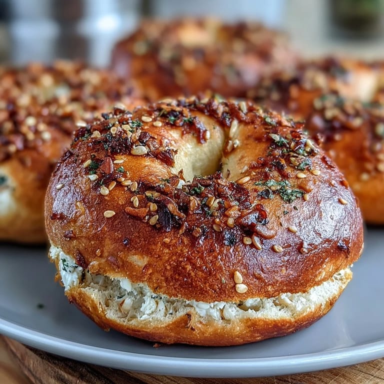 Fluffy, protein-packed Greek yogurt bagels sprinkled with crunchy everything seasoning, offering a wholesome twist on a classic New York favorite.